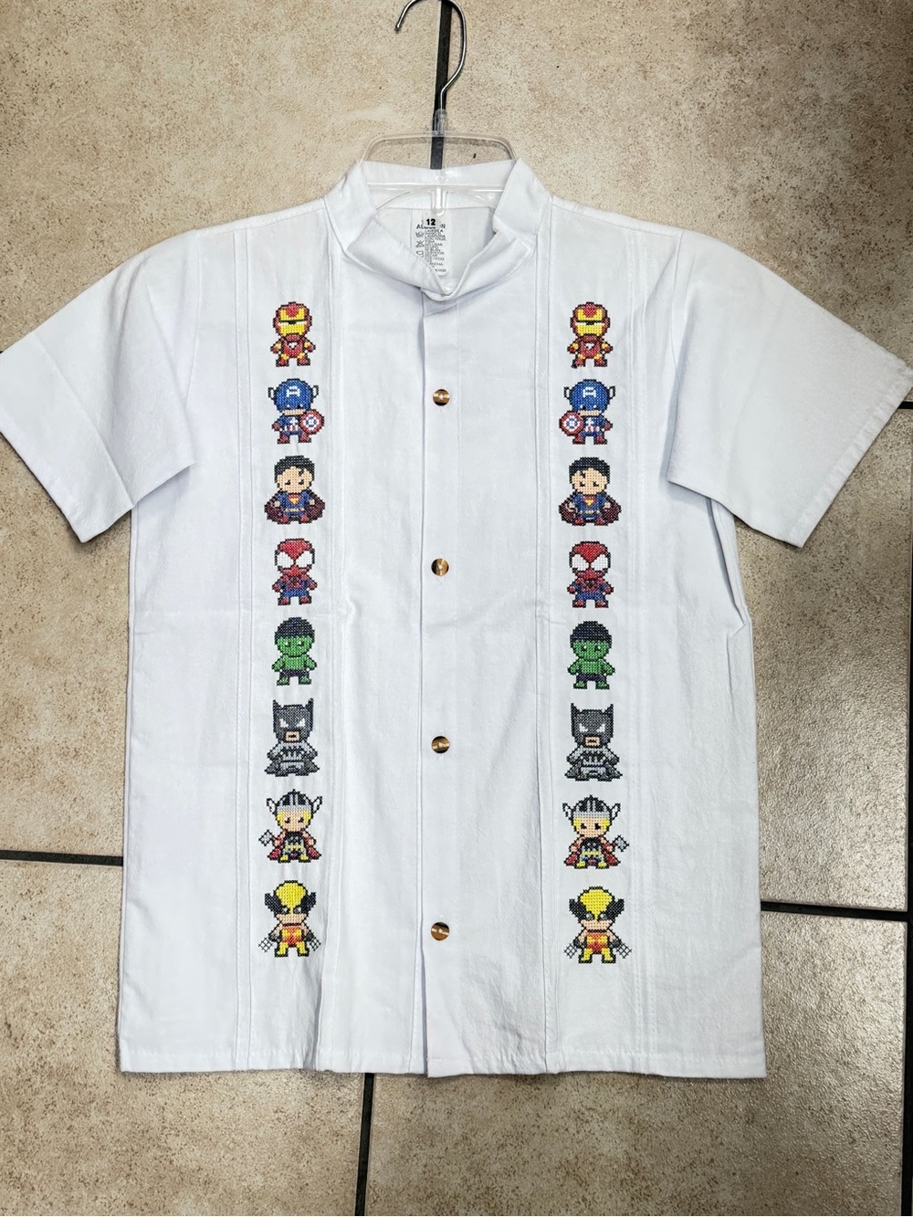 Superhero Embroidered white Linen Boys Guayabera Button-Down Shirt